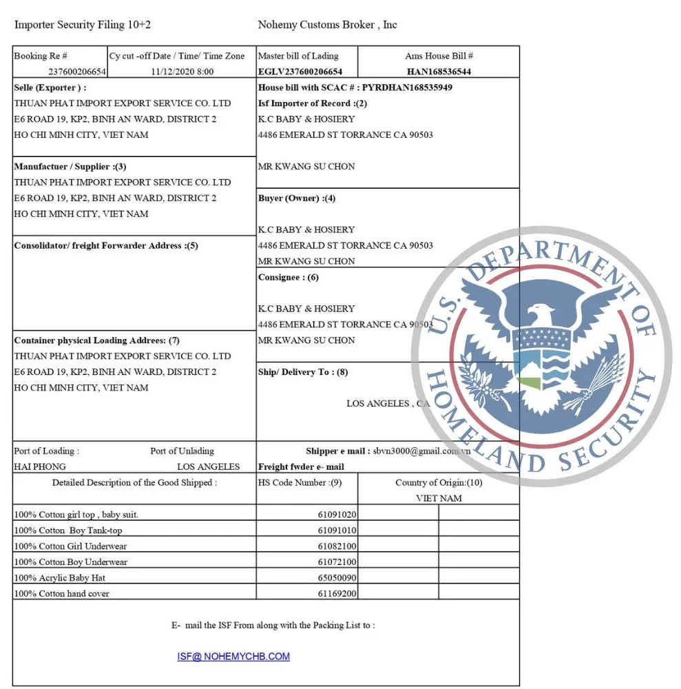 Importer Security Filing (ISF 10+2) form